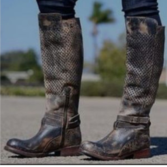 BED STU Women's Biltmore Boot,Black brown Leather perforated tall boots sz 8.5 - Picture 1 of 9